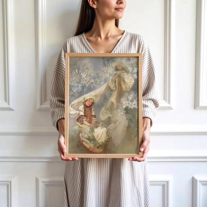 High-definition Czech portrait print Madonna Of The Lilies artwork by artist Alphonse Mucha referencing Symbolist masterworks in Prague Bohemia. Order custom framed, unframed, and canvas print options at MapYourDreams.