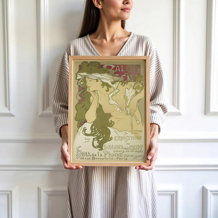 High-definition French portrait poster Salon Des Cent by artist Alphonse Mucha referencing 19th-century fine art at 31 Rue Bonaparte Paris. Order custom framed, unframed, and canvas print options at MapYourDreams.