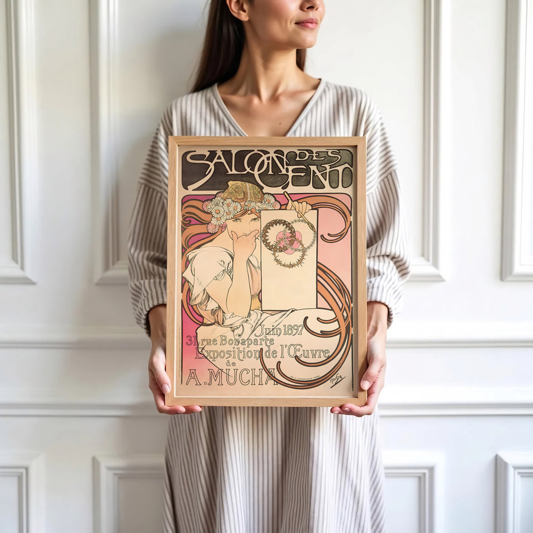 High-definition French portrait poster Salon Des Cent by artist Alphonse Mucha referencing 19th-century fine art at 31 Rue Bonaparte Paris. Order custom framed, unframed, and canvas print options at MapYourDreams.
