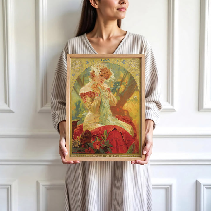 High-definition French theatrical portrait poster of Sarah Bernhardt by Alphonse Mucha in Paris France, available as an unframed print, gallery canvas, or solid framed wall art item at MapYourDreams.