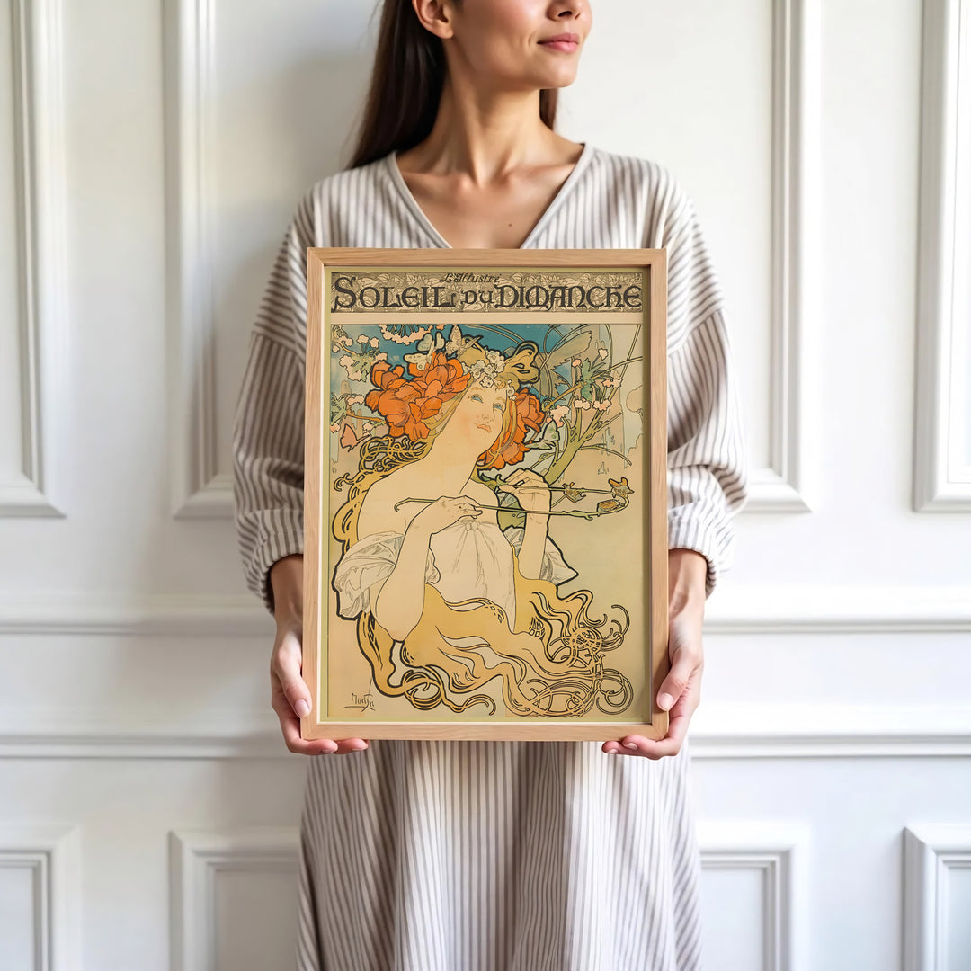 High-definition French portrait print Soleil Du Dimanche artwork by artist Alphonse Mucha referencing Belle Époque masterworks in Paris. Order custom framed, unframed, and canvas print options at MapYourDreams.