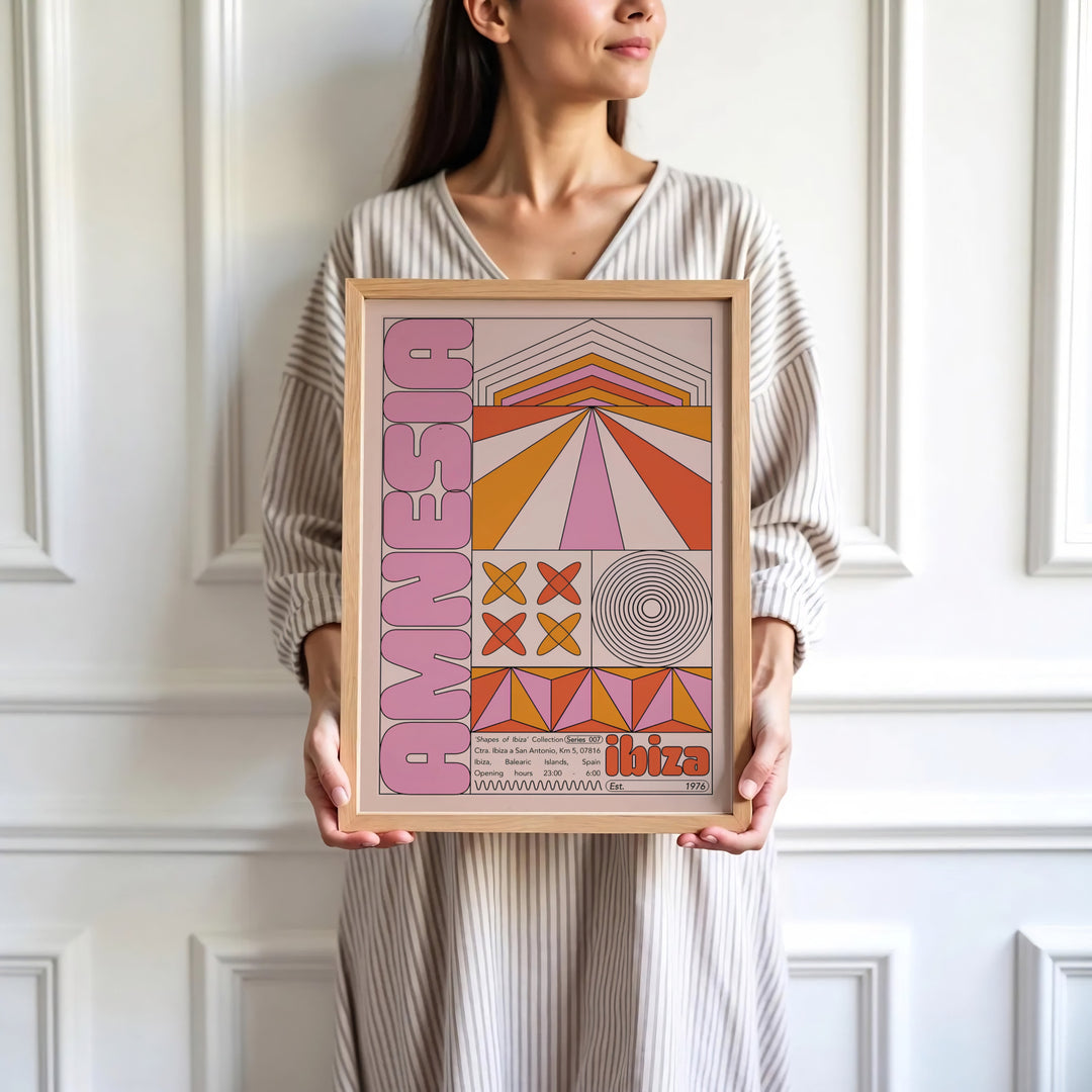 Contemporary geometric fine art print of Amnesia Ibiza nightclub details and abstract soundwave patterns in Spain, presented by MapYourDreams where customers can choose from unframed paper posters, ready-to-hang canvas decor, or custom framed wall art choices.