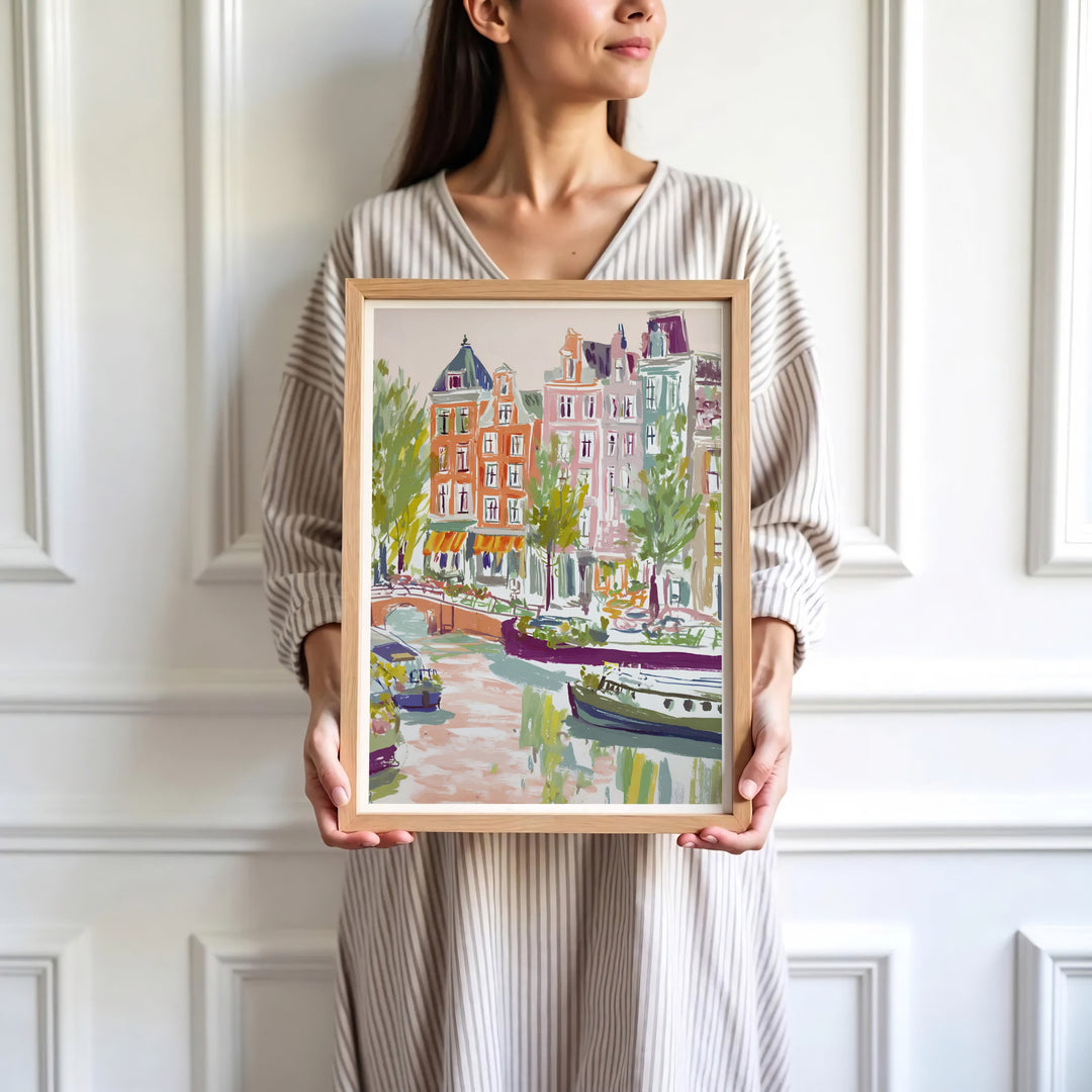 Sophisticated European fine art print of an Amsterdam canal scene with expressive gouache textures, presented by MapYourDreams where customers can choose from unframed paper posters, ready-to-hang canvas, or custom framed wall decor options.