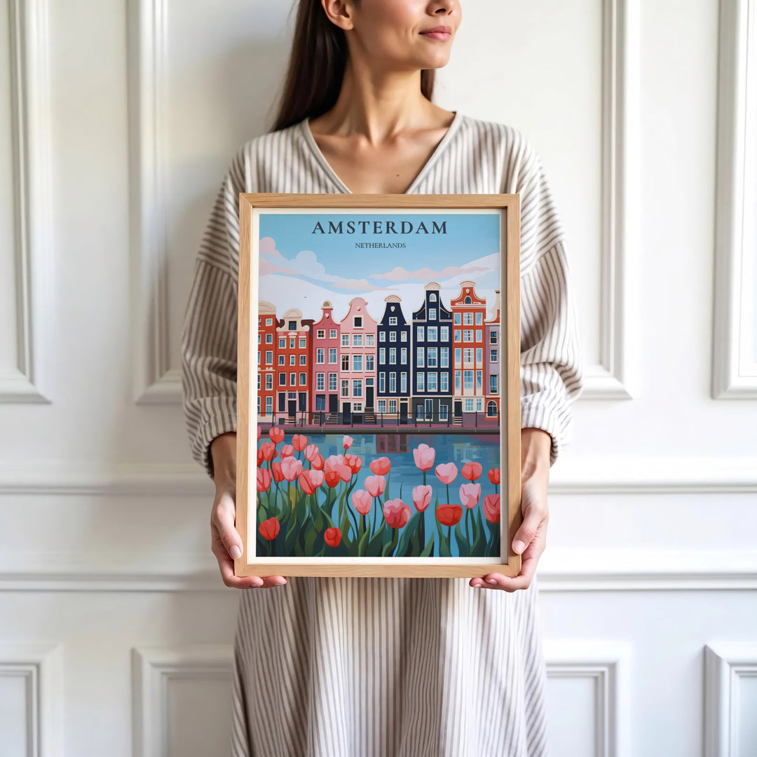Contemporary European fine art print of an Amsterdam canal scene with clean vector geometry, presented by MapYourDreams where customers can choose from unframed paper posters, ready-to-hang canvas, or custom framed wall decor options.
