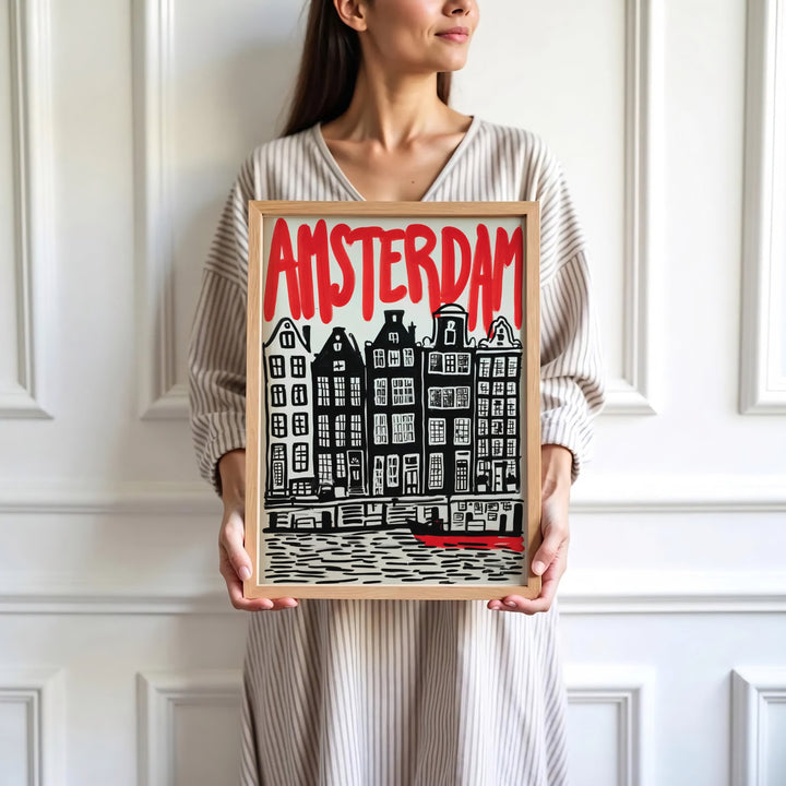 Contemporary European fine art print of an Amsterdam canal scene with authentic block print texture, presented by MapYourDreams where customers can choose from unframed paper posters, ready-to-hang canvas, or custom framed wall decor options.