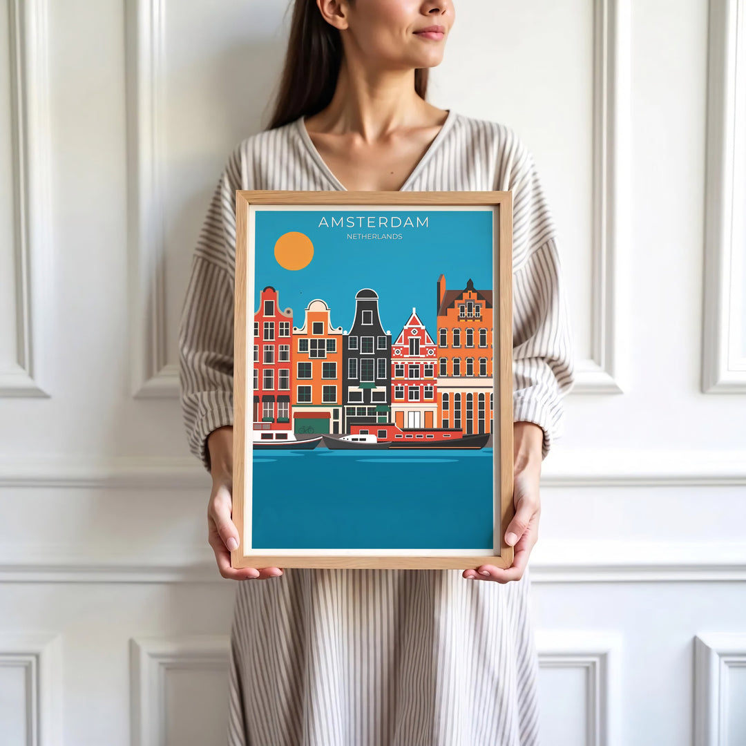 Colorful graphic city poster of Amsterdam architecture and peaceful waterfront houseboats under a golden sun, offered at MapYourDreams with choices for unframed paper, gallery-quality stretched canvas, or custom frame finishes for warm, cheerful interior layouts.