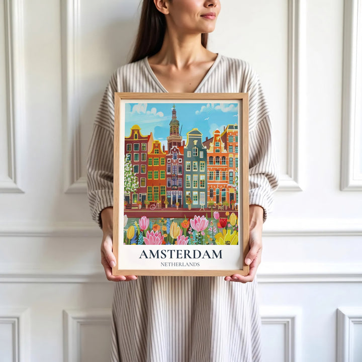 Contemporary impressionist fine art print of an Amsterdam canal scene with lush spring tulips, presented by MapYourDreams where customers can choose from unframed paper posters, ready-to-hang canvas, or custom framed wall decor options.