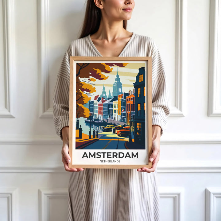Contemporary vintage-style fine art print of an Amsterdam canal scene with dramatic light and church spires, presented by MapYourDreams where customers can choose from unframed paper posters, ready-to-hang canvas decor, or custom framed wall art choices.