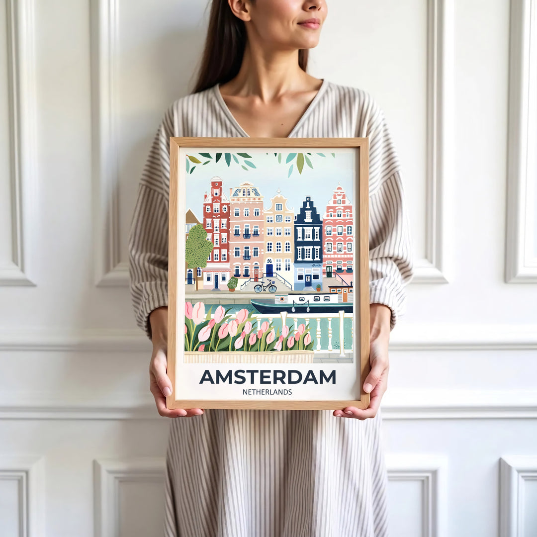 Contemporary gouache-style fine art print of an Amsterdam canal scene with soft pink tulips and leafy foliage, presented by MapYourDreams where customers can choose from unframed paper posters, ready-to-hang canvas decor, or custom framed wall art choices.