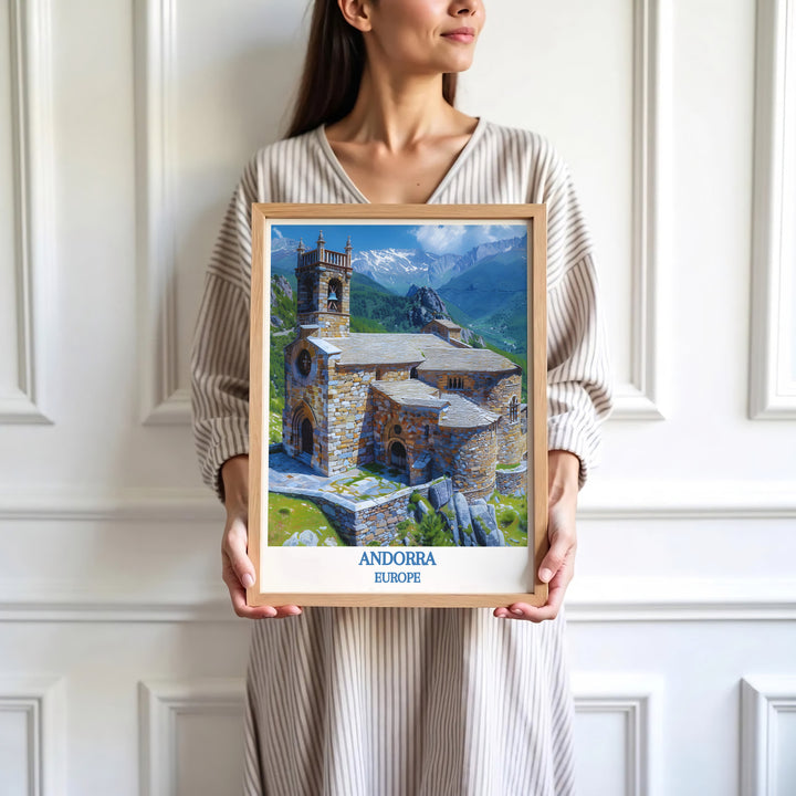 Rich stone ochre and clear sky blue colors lend a timeless mood to this Sant Joan de Caselles Church Andorra travel print. Browse archival framed, unframed, and canvas options at MapYourDreams for wall galleries.