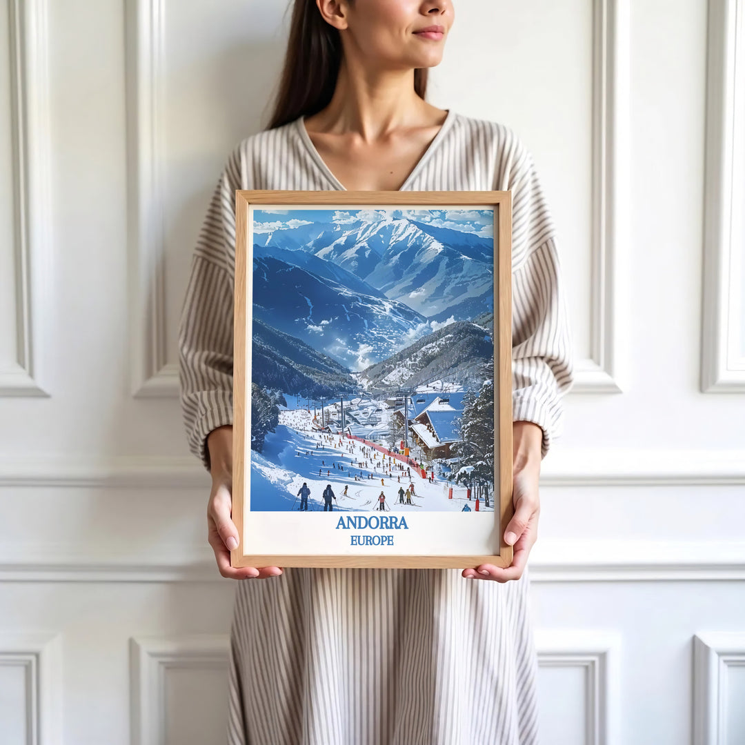 European winter sports landscape art at Vallnord Ski Resort in Andorra shines in this print. Order custom framed, unframed, and canvas options at MapYourDreams for an elegant wall decor accent.