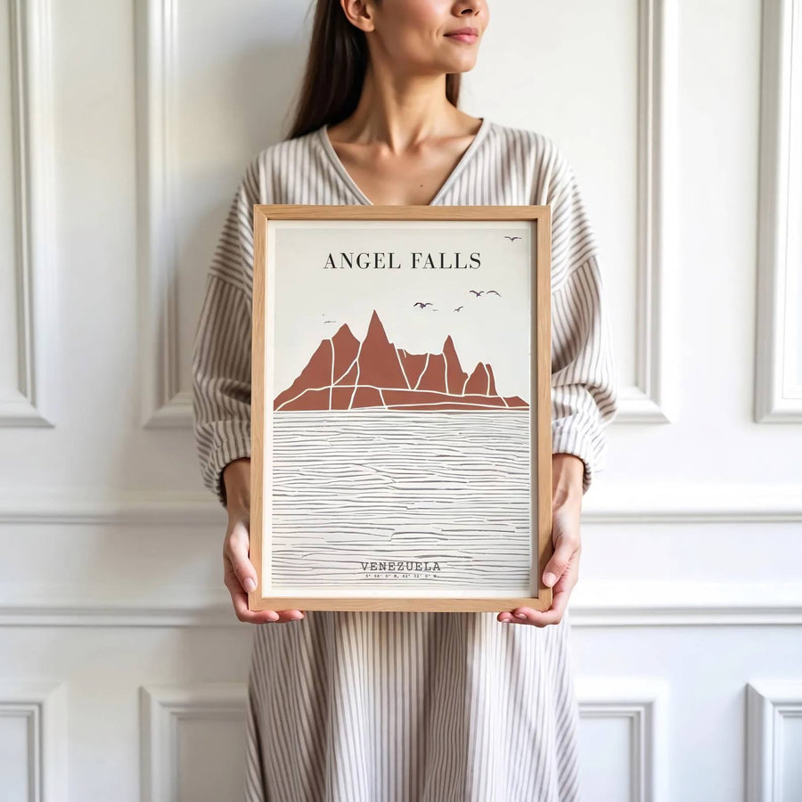 Saturated terracotta and grey travel print showing the tepui peaks and geographic coordinates of Angel Falls in Venezuela. Skillfully produced by MapYourDreams, this artwork is provided in multiple formats including unframed paper stock, custom frames, or stretched canvas wraps.