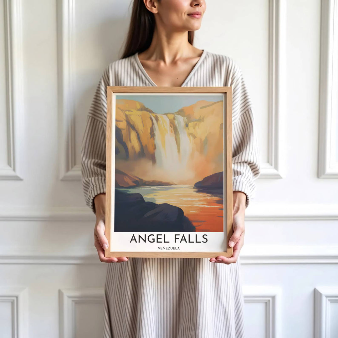 Saturated amber and violet travel print showing the sun-drenched canyon and river basin of Angel Falls in Venezuela. Skillfully produced by MapYourDreams, this artwork is provided in multiple formats including unframed paper stock, custom frames, or stretched canvas wraps.