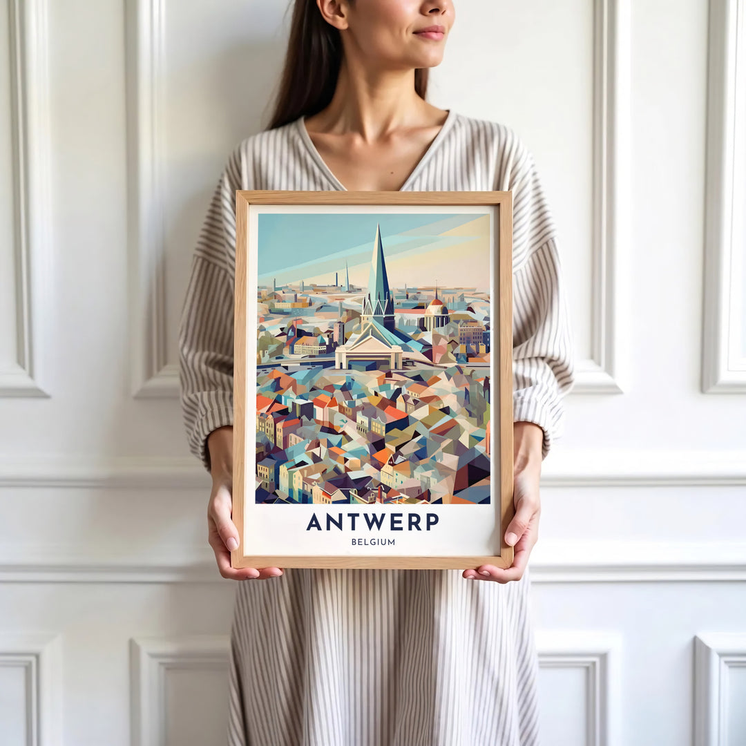 Sophisticated abstract skyline art print focusing on Antwerp, Belgium, depicting historic architecture in a mosaic of terracotta, gold, and teal. Available in multiple presentation styles such as unframed paper prints, custom framed posters, and gallery stretched canvas.