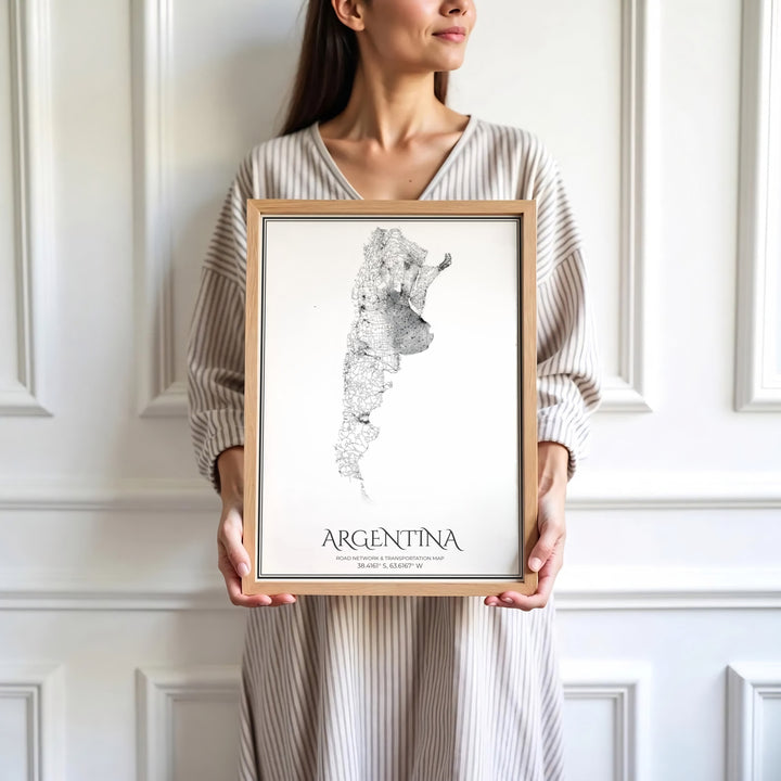 Sophisticated Argentina highway network wall art in black and white detailing urban density and rural travel routes. Skillfully produced by MapYourDreams, this artwork is provided in multiple formats including unframed paper stock, custom frames, or stretched canvas wraps.