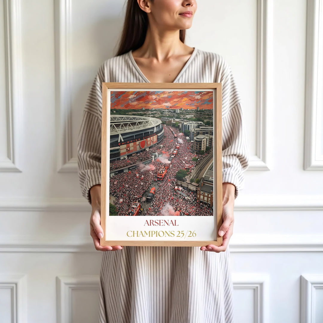 North London football victory celebration fine art painting poster set around Emirates Stadium in Islington, available as unframed prints, framed options, or canvas wall decor for main living spaces.