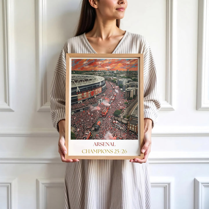 North London football victory celebration fine art painting poster set around Emirates Stadium in Islington, available as unframed prints, framed options, or canvas wall decor for main living spaces.