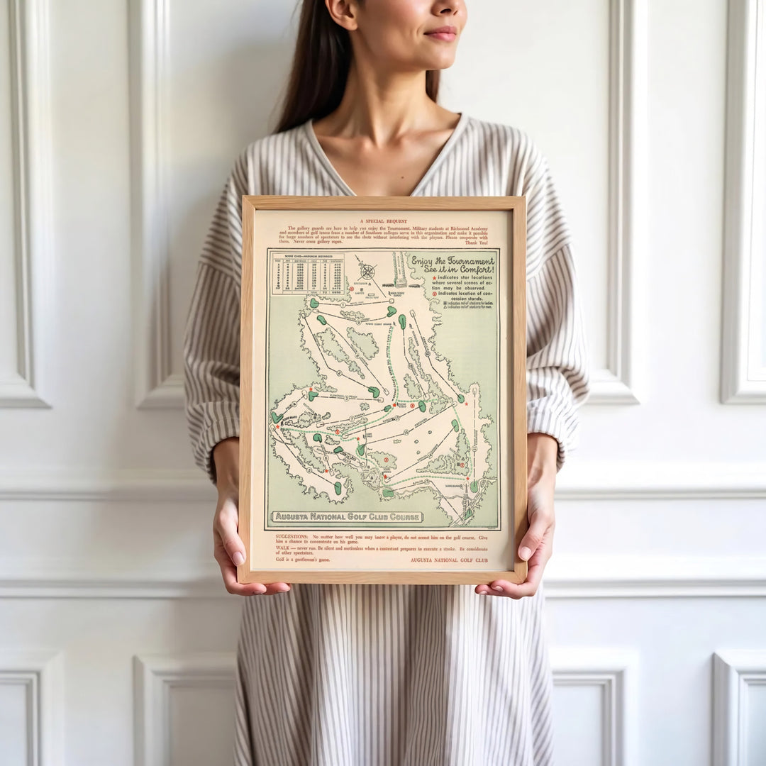 Classic 1954 Augusta Georgia course map wall art print for sports fans, golf collectors, and bar decor. Offered by MapYourDreams, this artwork is available in flexible options including unframed paper, custom wooden frames, and gallery canvas wraps for tailored home wall decor setups.