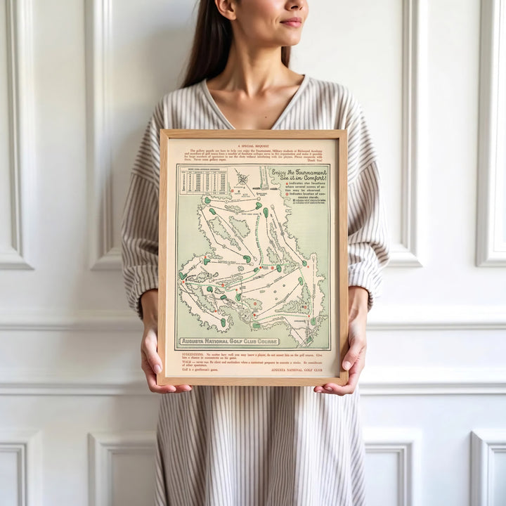 Classic 1954 Augusta Georgia course map wall art print for sports fans, golf collectors, and bar decor. Offered by MapYourDreams, this artwork is available in flexible options including unframed paper, custom wooden frames, and gallery canvas wraps for tailored home wall decor setups.