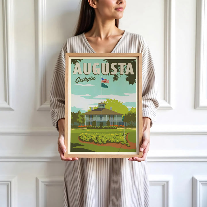 Augusta Georgia golf clubhouse wall decor featuring script lettering, rich olive greens, and iconic Southern scenery. Offered by MapYourDreams, this artwork is available in flexible options including unframed paper, custom wooden frames, and gallery canvas wraps for tailored home wall decor setups.