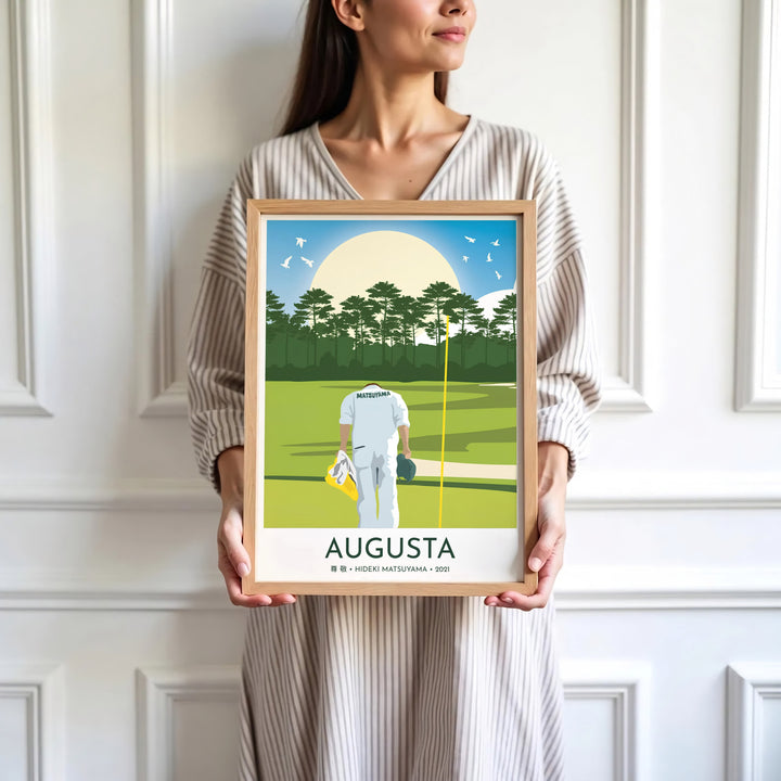 Minimalist sportsmanship wall art print depicting a golf caddie in white bowing to Augusta Georgia fairways in vector illustration style. Offered by MapYourDreams, this artwork is available in flexible options including unframed paper, custom wooden frames, and gallery canvas wraps for tailored home wall decor setups.