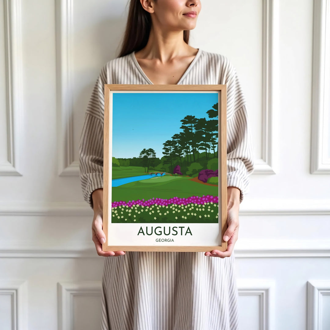 Sleek vector golf course wall art print depicting the iconic stone arch bridge, creek, and lush green turf of Augusta Georgia in flat art style. Offered by MapYourDreams, this artwork is available in flexible options including unframed paper, custom wooden frames, and gallery canvas wraps for tailored home wall decor setups.