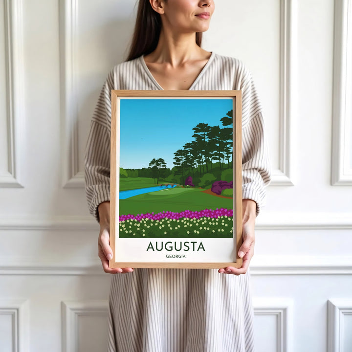 Sleek vector golf course wall art print depicting the iconic stone arch bridge, creek, and lush green turf of Augusta Georgia in flat art style. Offered by MapYourDreams, this artwork is available in flexible options including unframed paper, custom wooden frames, and gallery canvas wraps for tailored home wall decor setups.