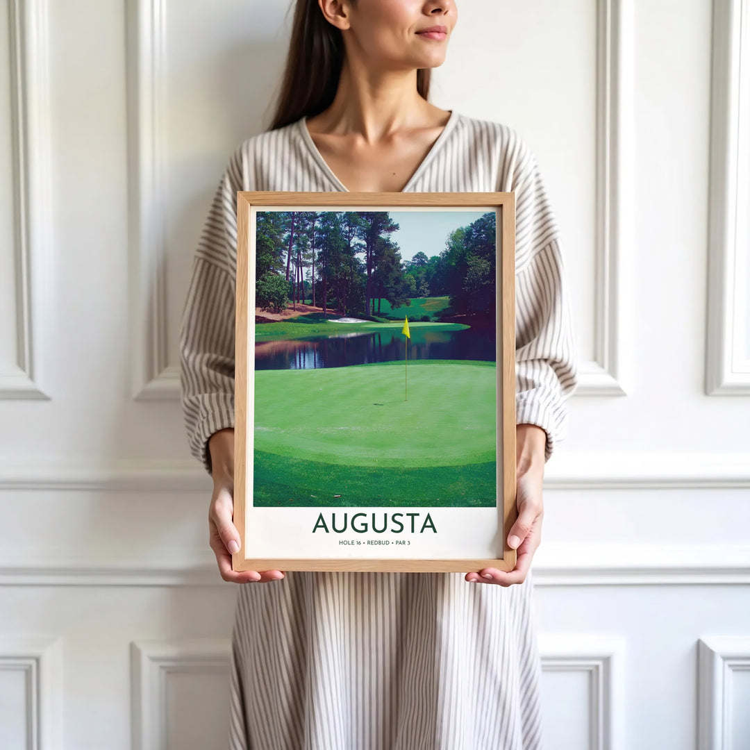 Minimalist photographic golf course wall art print depicting the serene green, reflective water hazard, and forest backdrop of Augusta Georgia. Offered by MapYourDreams, this artwork is available in flexible options including unframed paper, custom wooden frames, and gallery canvas wraps for tailored home wall decor setups.