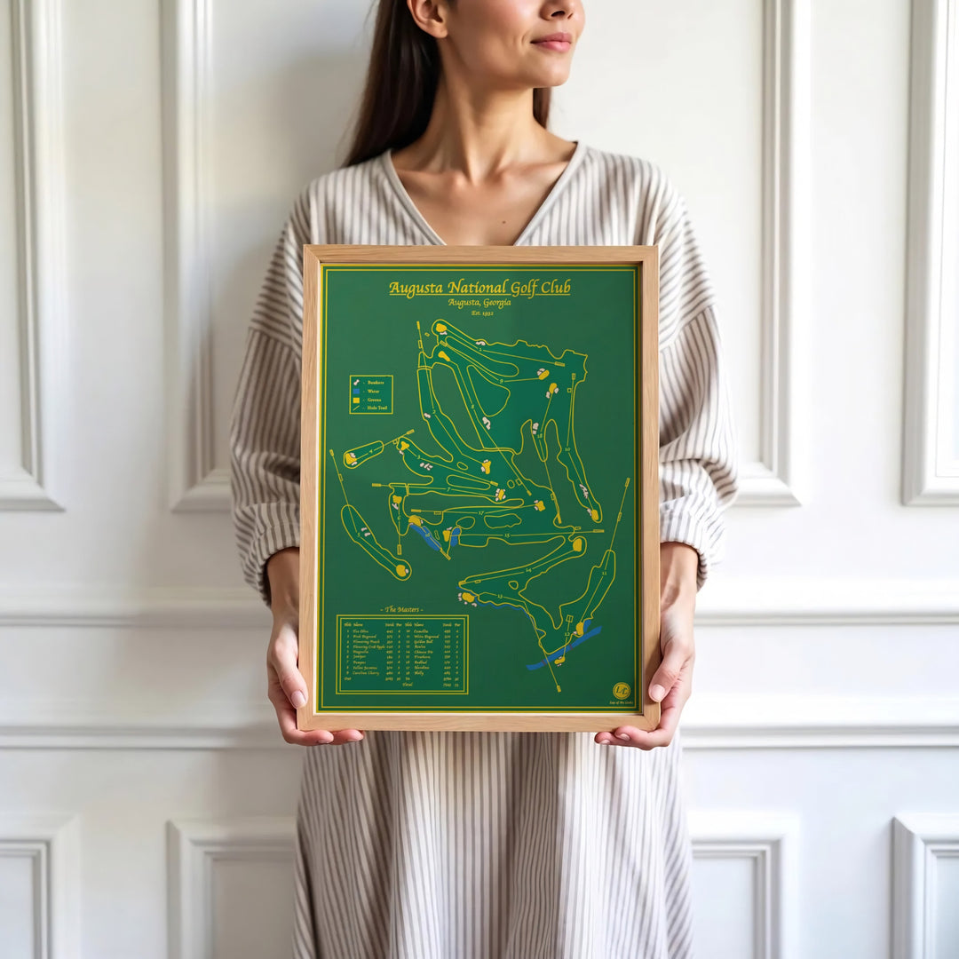 Sleek vector golf course map wall art print depicting the complete 18-hole routing, sand bunkers, and streams of Augusta Georgia. Offered by MapYourDreams, this artwork is available in flexible options including unframed paper, custom wooden frames, and gallery canvas wraps for tailored home wall decor setups.