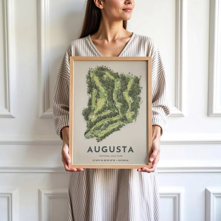 Minimalist satellite map print depicting the complete property outline and forested fairways of Augusta Georgia in soothing sage and forest green tones. Offered by MapYourDreams, this artwork is available in flexible options including unframed paper, custom wooden frames, and gallery canvas wraps for tailored home wall decor setups.