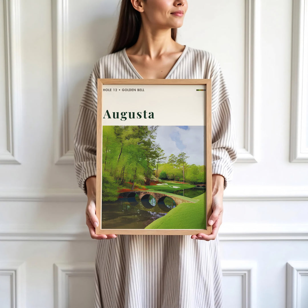 Minimalist editorial golf course wall art print depicting the serene creek, stone arches of Hogan Bridge, and green backdrop of Augusta Georgia. Offered by MapYourDreams, this artwork is available in flexible options including unframed paper, custom wooden frames, and gallery canvas wraps for tailored home wall decor setups.