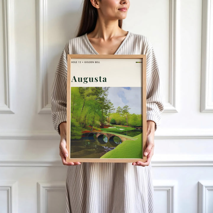 Minimalist editorial golf course wall art print depicting the serene creek, stone arches of Hogan Bridge, and green backdrop of Augusta Georgia. Offered by MapYourDreams, this artwork is available in flexible options including unframed paper, custom wooden frames, and gallery canvas wraps for tailored home wall decor setups.