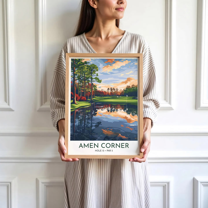 Minimalist graphic golf course wall art print depicting the serene creek bend, glowing clouds, and lush green landscape of Augusta Georgia. Offered by MapYourDreams, this artwork is available in flexible options including unframed paper, custom wooden frames, and gallery canvas wraps for tailored home wall decor setups.