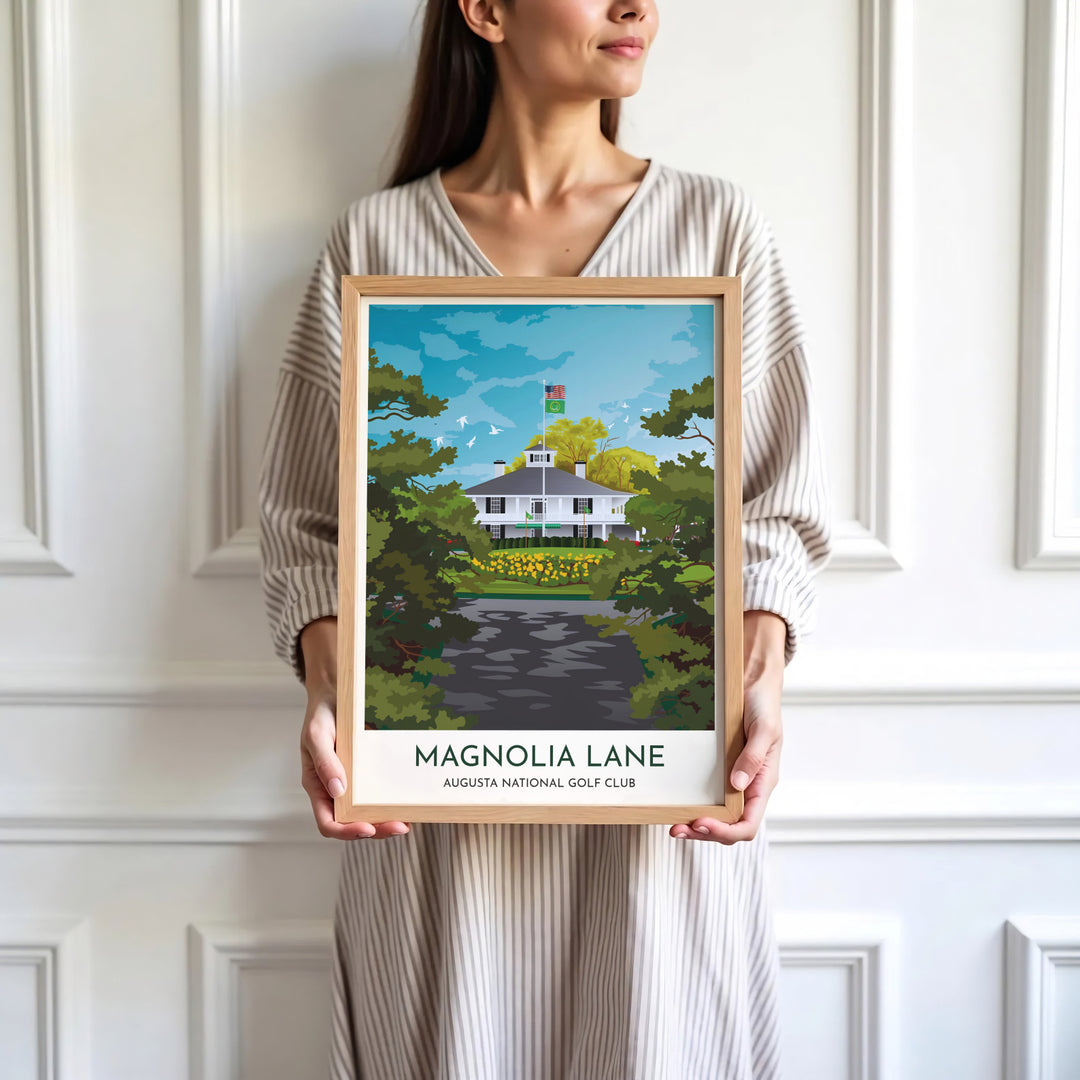 Minimalist graphic golf course wall art print depicting the shaded avenue, yellow Founders Circle flower bed, and clubhouse of Augusta Georgia. Offered by MapYourDreams, this artwork is available in flexible options including unframed paper, custom wooden frames, and gallery canvas wraps for tailored home wall decor setups.