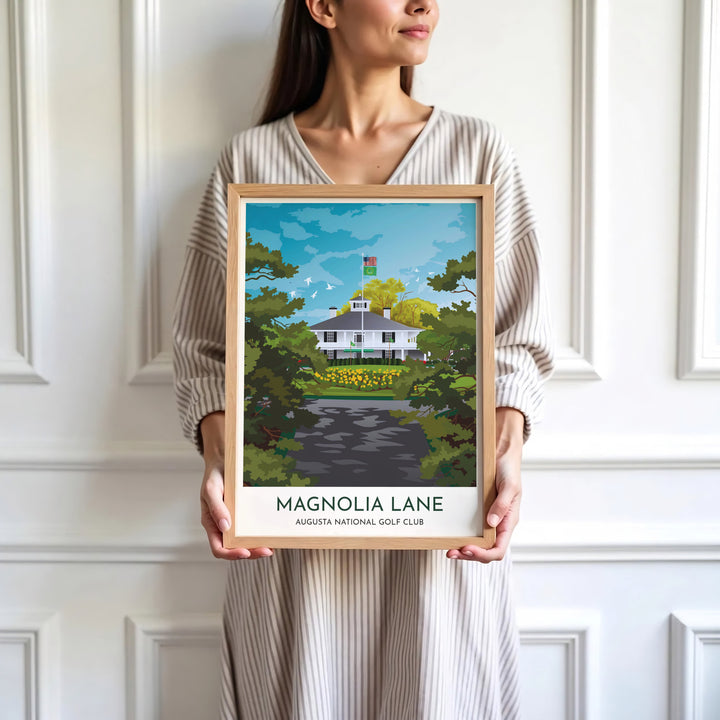 Minimalist graphic golf course wall art print depicting the shaded avenue, yellow Founders Circle flower bed, and clubhouse of Augusta Georgia. Offered by MapYourDreams, this artwork is available in flexible options including unframed paper, custom wooden frames, and gallery canvas wraps for tailored home wall decor setups.