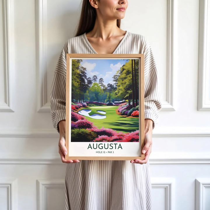 Minimalist graphic golf course wall art print depicting the floral bank, green contours, and backdrop timber line of Augusta Georgia. Offered by MapYourDreams, this artwork is available in flexible options including unframed paper, custom wooden frames, and gallery canvas wraps for tailored home wall decor setups.