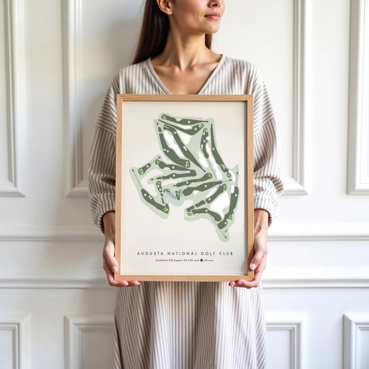 Minimalist course silhouette poster celebrating Augusta National Golf Club in Georgia with clean lines, soft green accents, and subtle hazard details. Offered by MapYourDreams, this artwork is available in flexible options including unframed paper, custom wooden frames, and gallery canvas wraps.