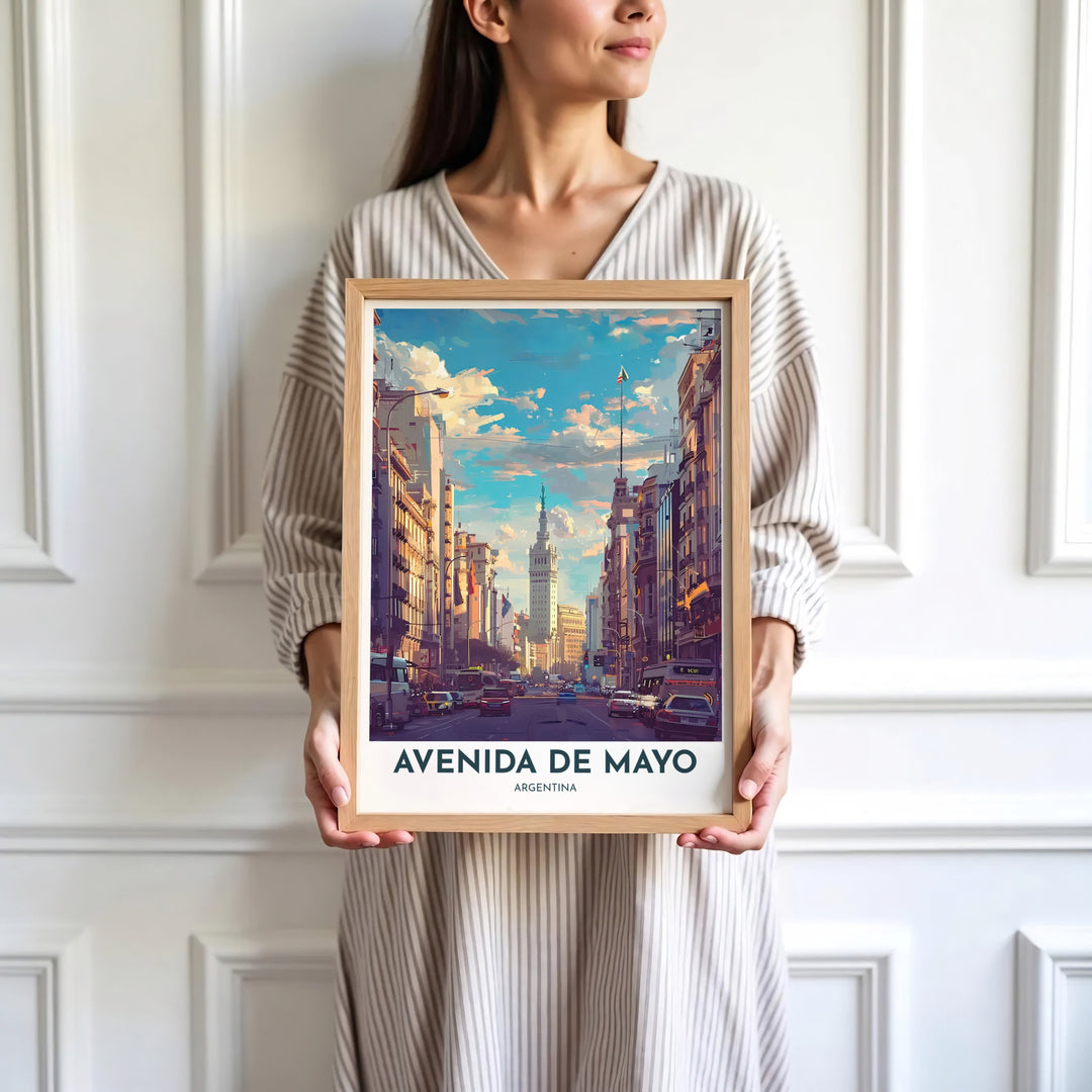 High-quality art print depicting the grand avenue of Avenida de Mayo leading to Palacio Barolo under a picturesque sky. A fine offering from MapYourDreams, select your favorite style among borderless paper prints, solid wooden frames, or gallery canvas wraps.