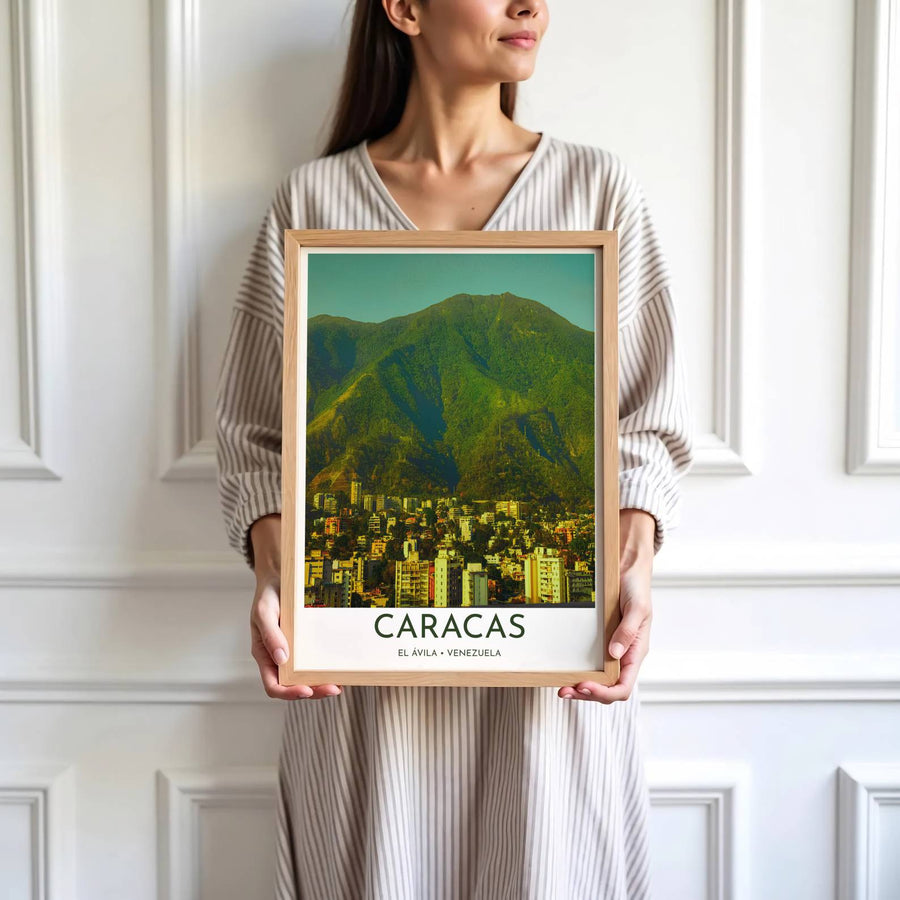 Saturated green and golden ochre travel print showing the city towers and El Ávila mountain peak of Caracas in Venezuela. Skillfully produced by MapYourDreams, this artwork is provided in multiple formats including unframed paper stock, custom frames, or stretched canvas wraps.