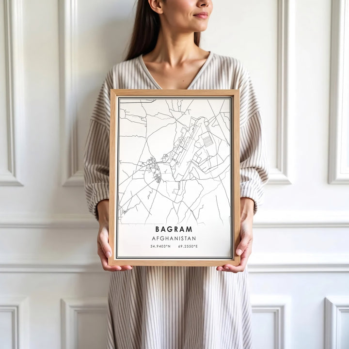 High contrast line art map poster of Bagram city and airfield in Afghanistan designed in a clean vector style, presented by MapYourDreams as an unframed paper print, gallery canvas, or custom framed decor in black, natural wood, and white frames for studio wall arrangements.