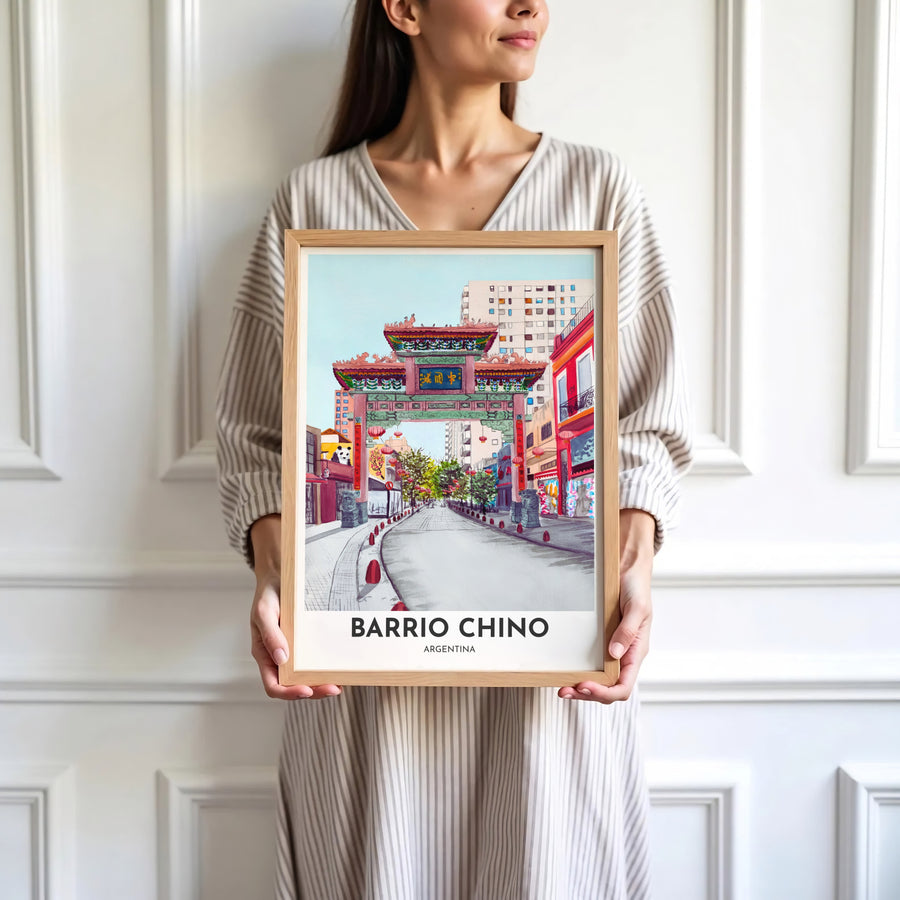 Vibrant watercolor cityscape print celebrating the oriental architecture and lively street atmosphere of Belgrano Chinatown. Skillfully produced by MapYourDreams, this artwork is provided in multiple formats including unframed paper stock, custom frames, or stretched canvas wraps.