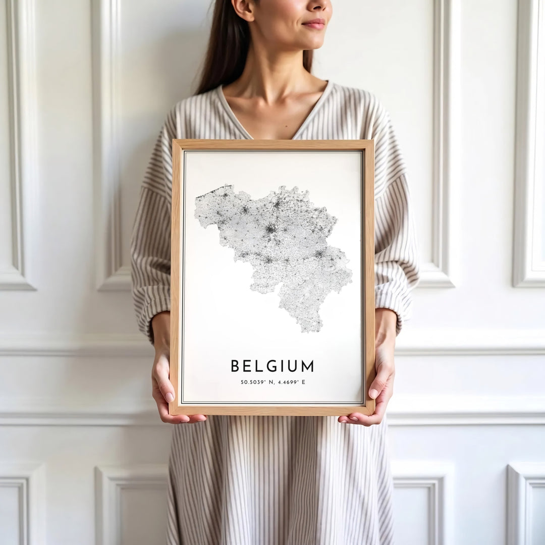 Sophisticated minimalist cartography focusing on Belgium, tracing thousands of roads to depict the shape of the entire nation. Available in multiple presentation styles such as unframed paper prints, custom framed posters, and gallery stretched canvas.