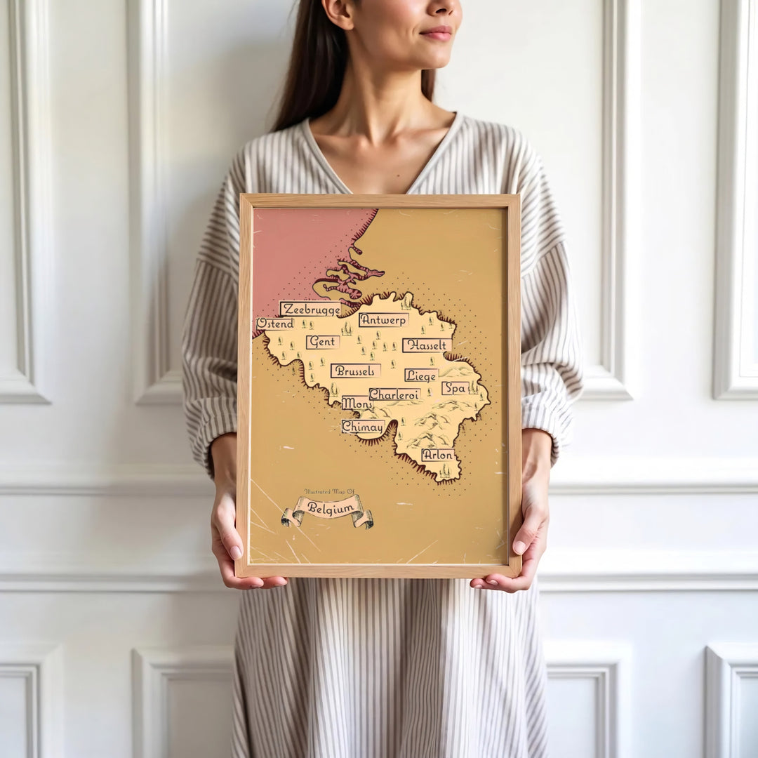 Sophisticated antique-style cartography focusing on Belgium, tracing major cities and scenic regions on aged paper background. Available in multiple presentation styles such as unframed paper prints, custom framed posters, and gallery stretched canvas.