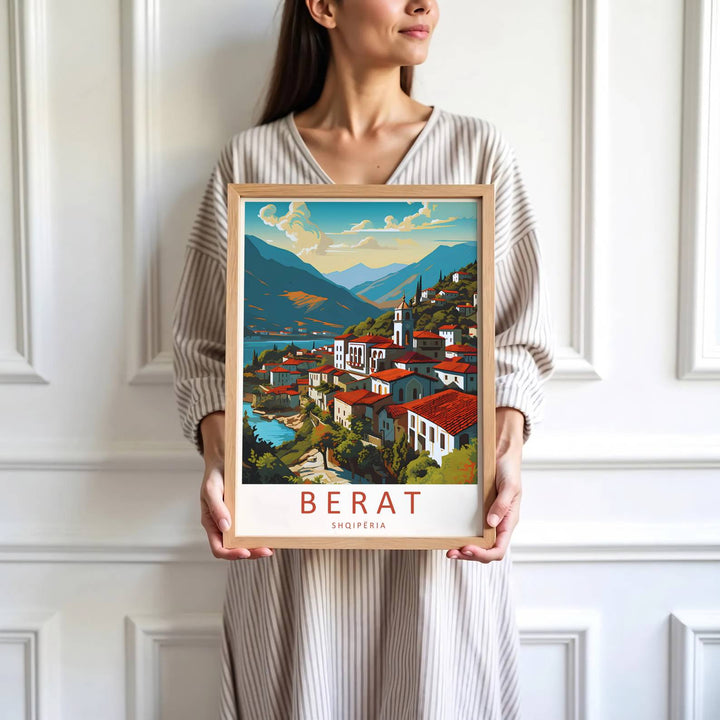 Featuring a scenic travel illustration of Berat Albania showing whitewashed houses cascading toward the river under a blue sky, this poster elevates modern rooms. Offered by MapYourDreams, this artwork is available in flexible options including unframed paper, custom wooden frames, and gallery canvas wraps.