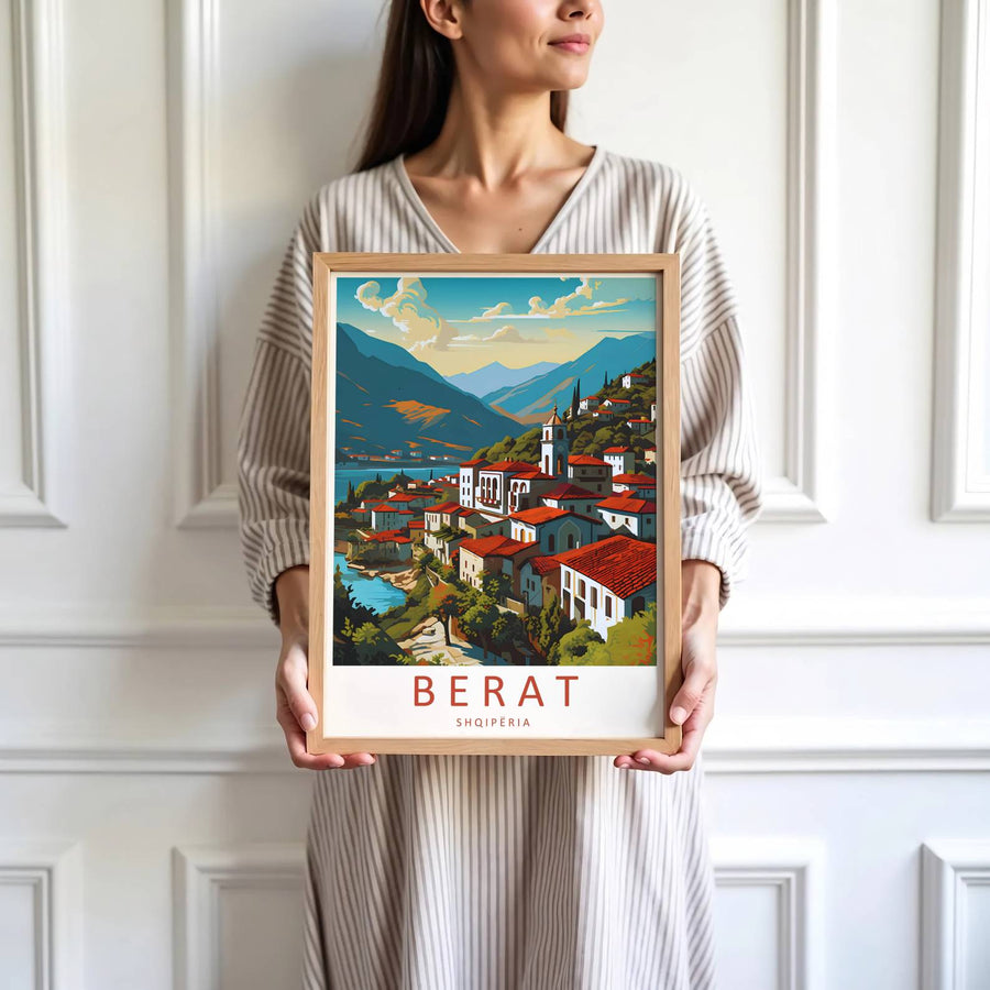 Featuring a scenic travel illustration of Berat Albania showing whitewashed houses cascading toward the river under a blue sky, this poster elevates modern rooms. Offered by MapYourDreams, this artwork is available in flexible options including unframed paper, custom wooden frames, and gallery canvas wraps.
