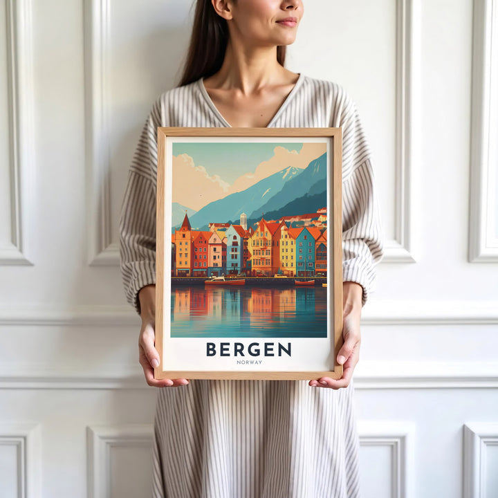 Artistic depiction of the iconic colorful timber buildings at Bryggen waterfront in Bergen Norway framed by picturesque Norwegian mountains. Offered by MapYourDreams, this travel artwork is customizable as an unframed poster print, ready to display framed print, or premium gallery wrap canvas.