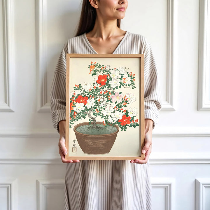 High-definition Japanese Shin-hanga print of Ohara Koson azalea artwork referencing Tokyo art gallery exhibits. Order custom framed, unframed, and canvas options at MapYourDreams.