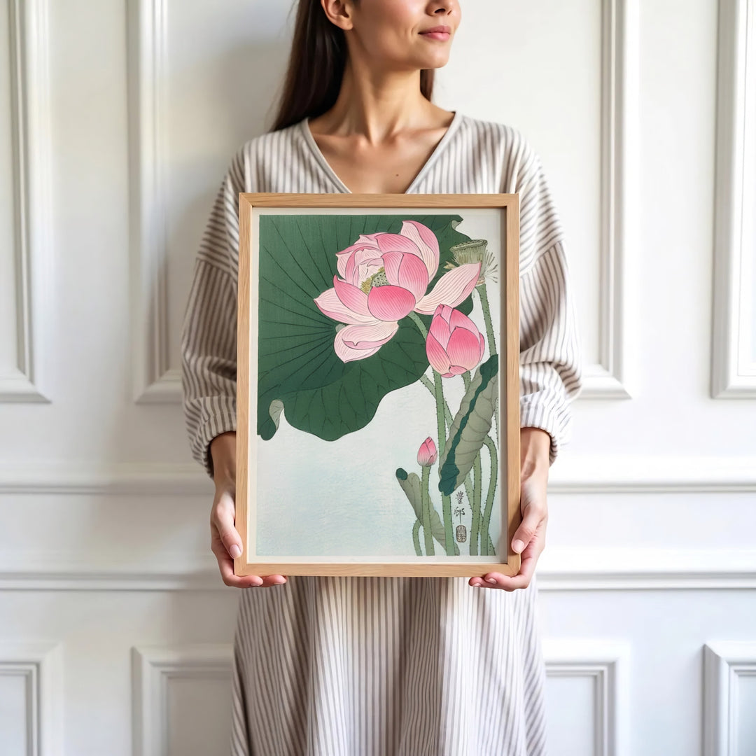 High-definition Japanese Shin-hanga print of Ohara Koson lotus artwork referencing Tokyo art gallery exhibits. Order custom framed, unframed, and canvas print options at MapYourDreams.