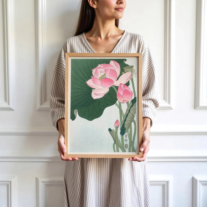 High-definition Japanese Shin-hanga print of Ohara Koson lotus artwork referencing Tokyo art gallery exhibits. Order custom framed, unframed, and canvas print options at MapYourDreams.