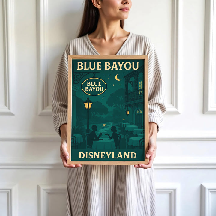 Contemporary vector fine art print of Blue Bayou Disneyland dining details and quiet river reflection views in Anaheim California, presented by MapYourDreams where customers can choose from unframed paper posters, ready-to-hang canvas decor, or custom framed wall art choices.